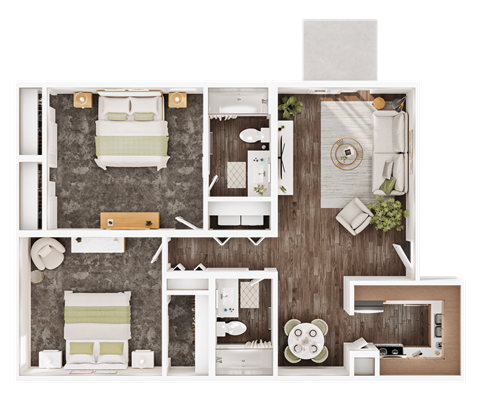 Floor plan for 2 beds, 2 baths, 972 sqft